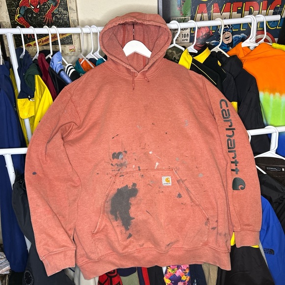 Carhartt Original Fit Paint Distressed Salmon Red Hoodie size XL - Picture 1 of 8
